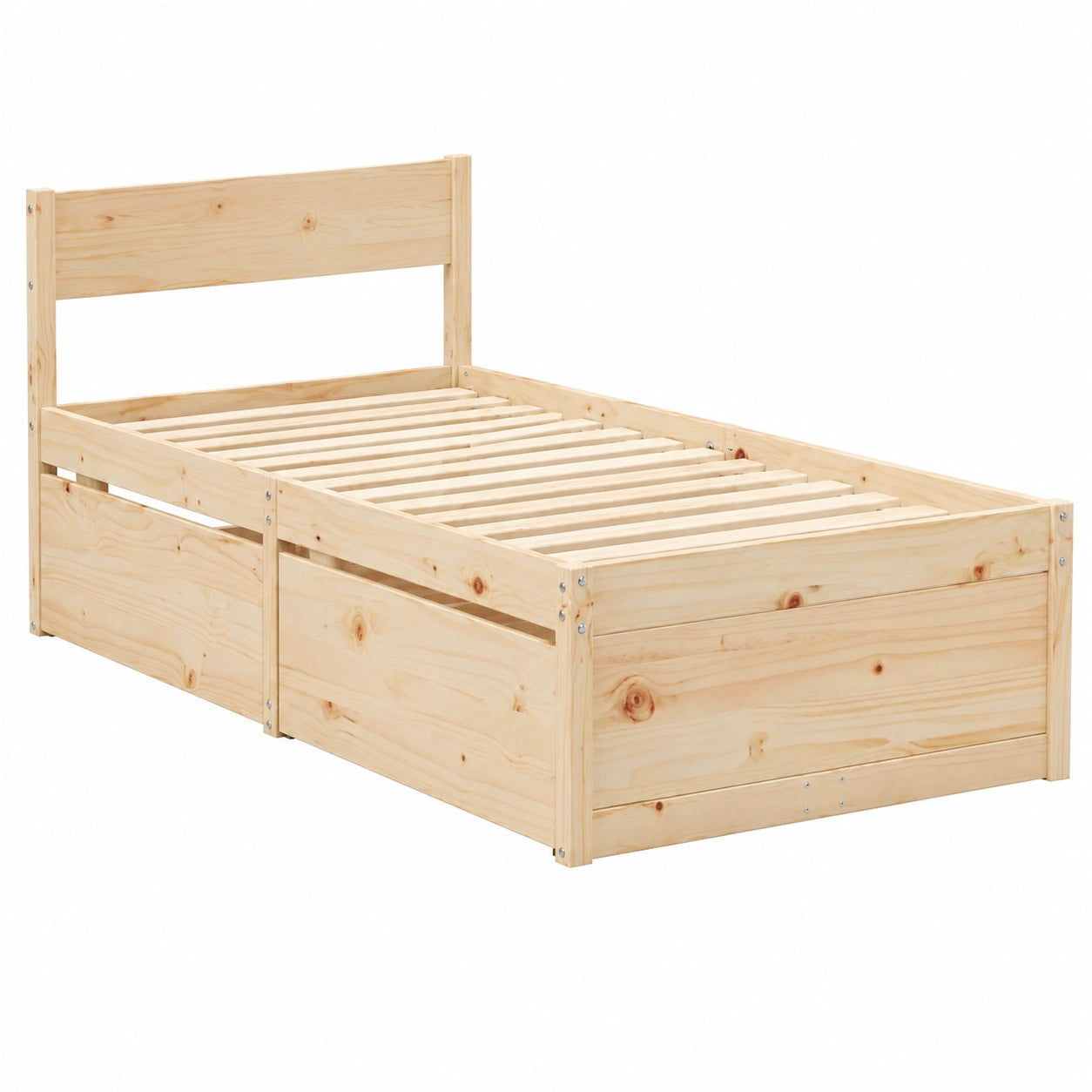 Letto Singolo in Legno Massello con Cassetti, 90x200 cm