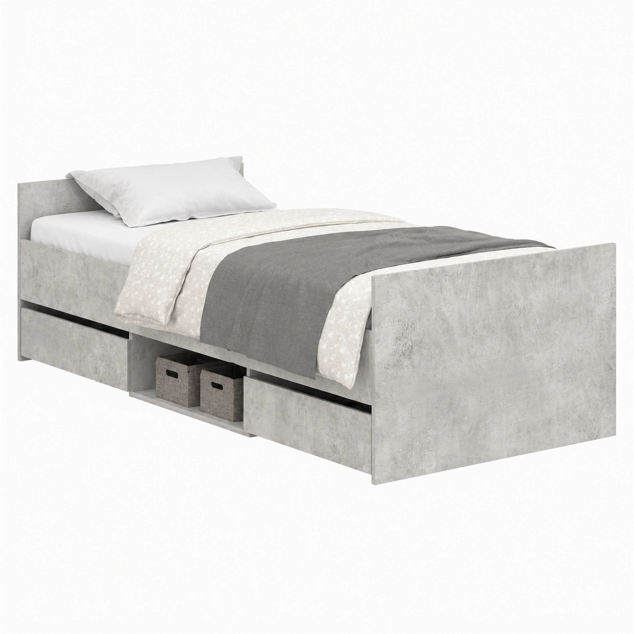 Letto Singolo con Cassetti Cemento Grigio 90x190 cm in Legno di Pino