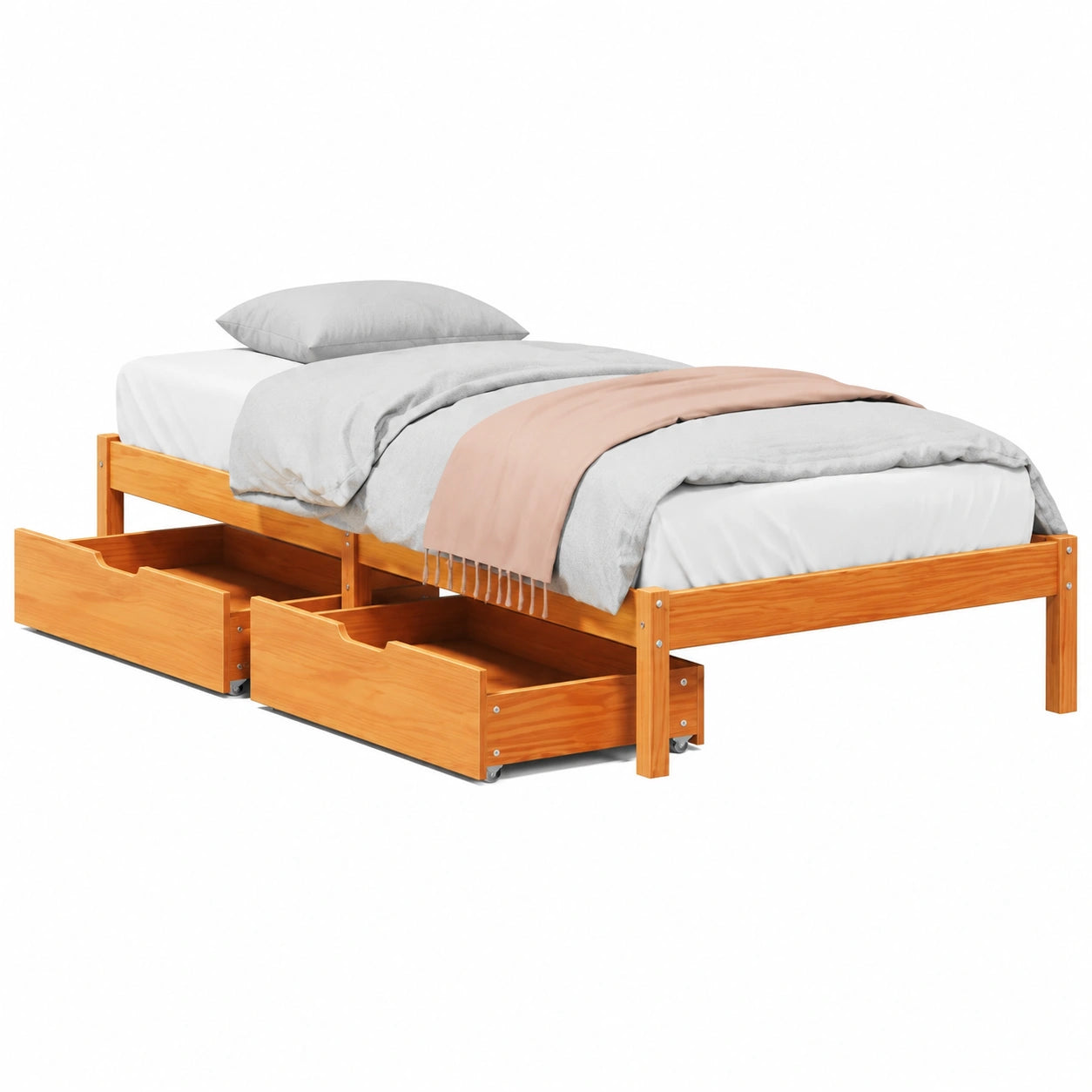 Letto singolo in legno di pino 100x200 cm con cassetti e rete a doghe