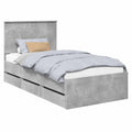 Letto Singolo con Cassetto Integrato Grigio Cemento 90x190 cm Telaio Moderno con Testiera in Legno Massello