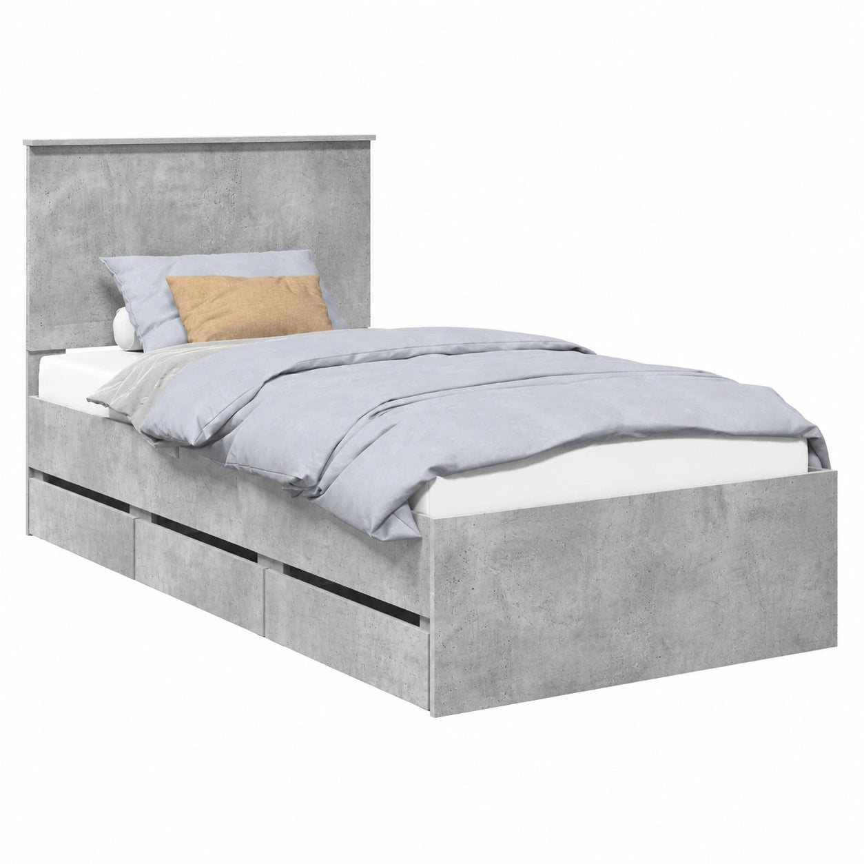 Letto Singolo con Cassetto Integrato Grigio Cemento 90x190 cm Telaio Moderno con Testiera in Legno Massello