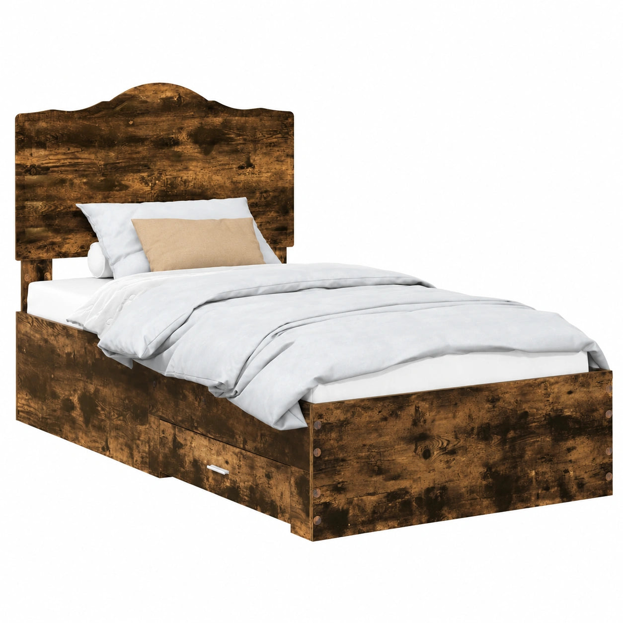 Letto Singolo in Rovere Fumè con Spazio Contenitore, 90x200 cm, Testiera e Cassetti in Legno Multistrato