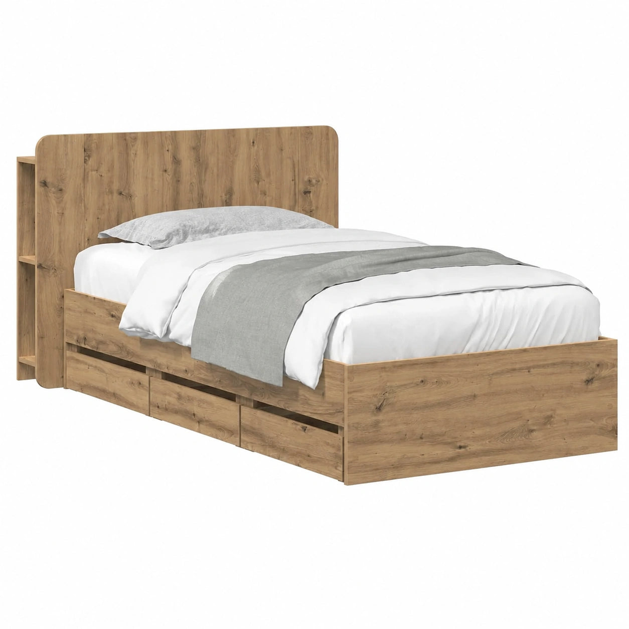 Letto singolo 80x200 cm con testiera e cassetti in legno, rovere Artisan