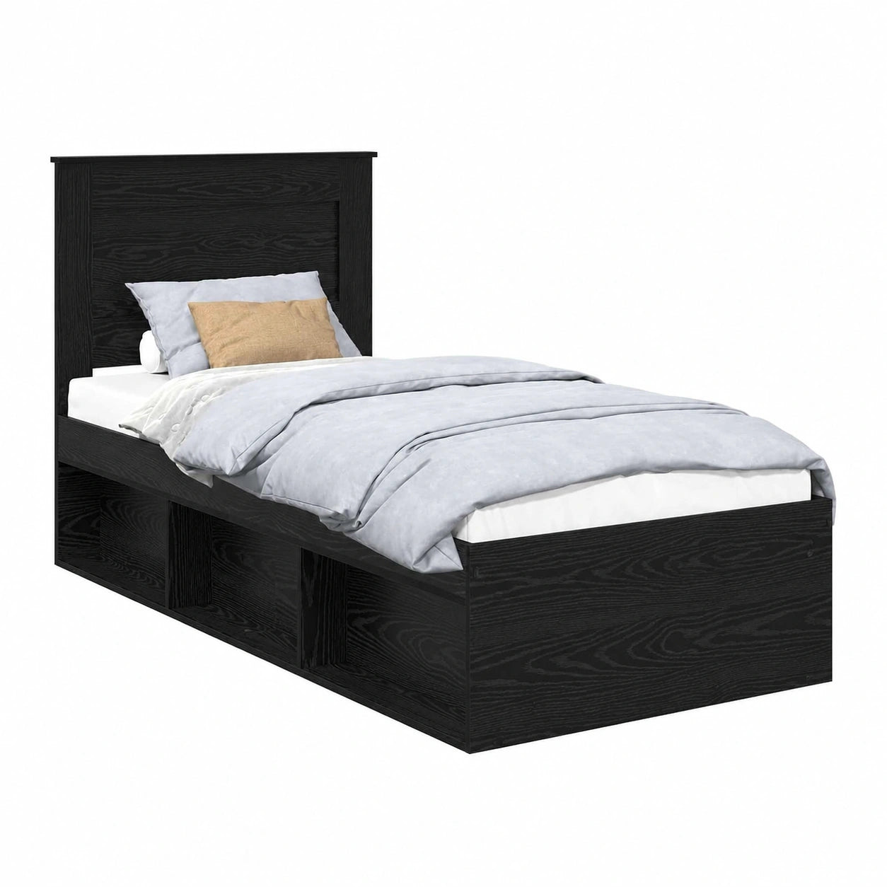 Letto Singolo 90x190 cm Nero in Pino con Testiera, Rete a Doghe e Cassetto Contenitore