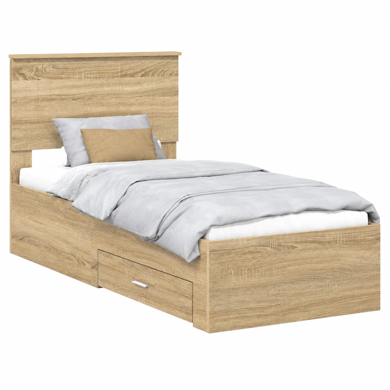 Letto Singolo con Contenitore in Rovere Sonoma Argento e Cassetti, Testiera Moderna Inclusa, 75x190 cm