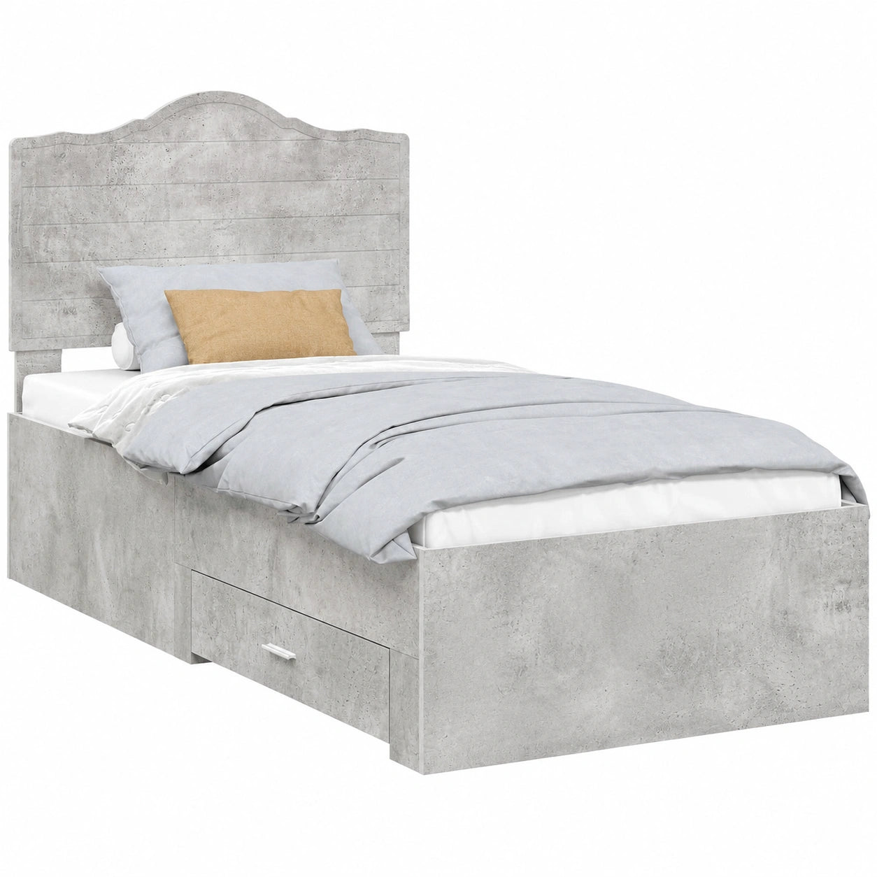 Letto singolo grigio cemento con testiera e contenitori 70x190 cm legno ingegnerizzato