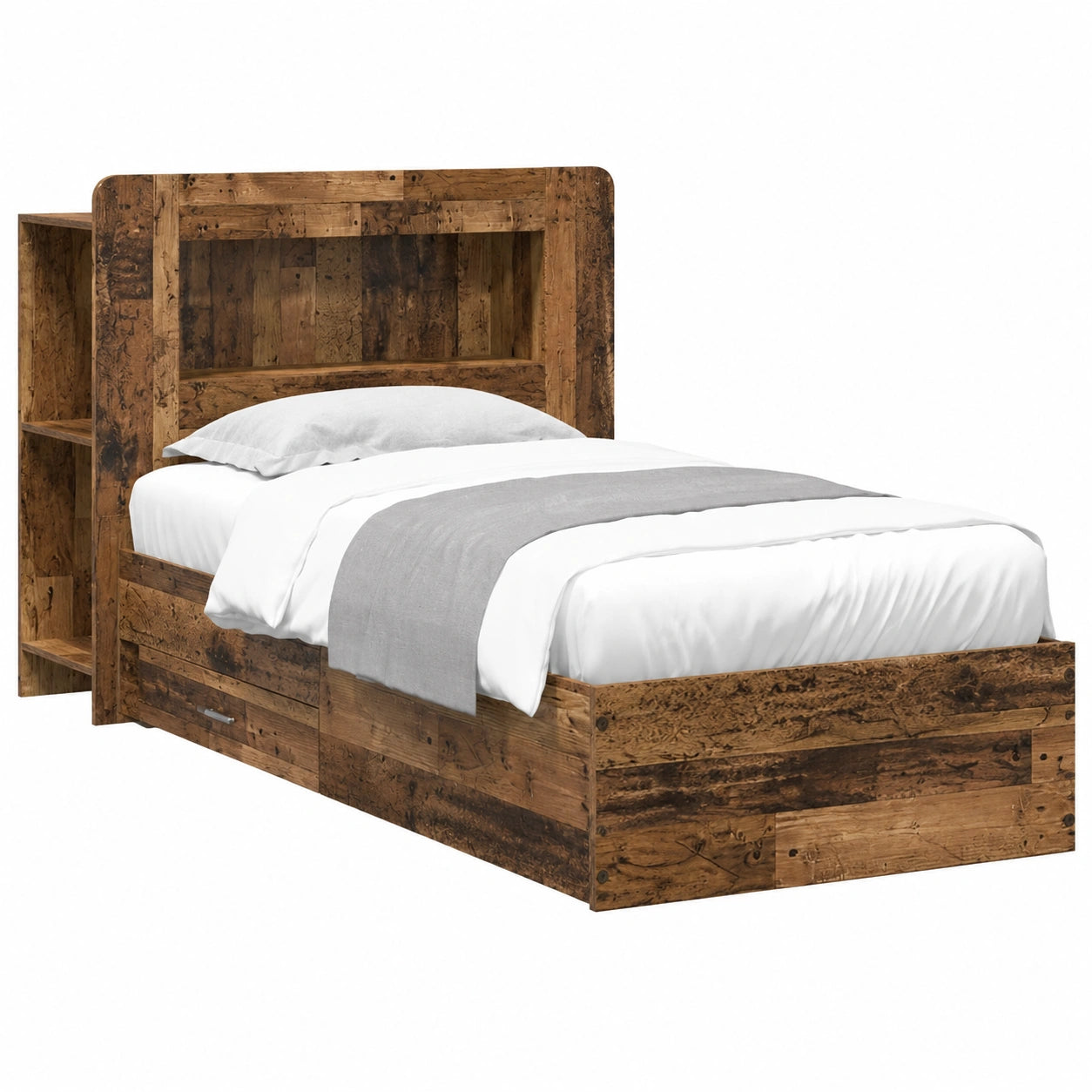 Letto singolo moderno con testiera e contenitore in legno anticato, 90 x 190 cm, con cassetti e ripiano per camera da letto