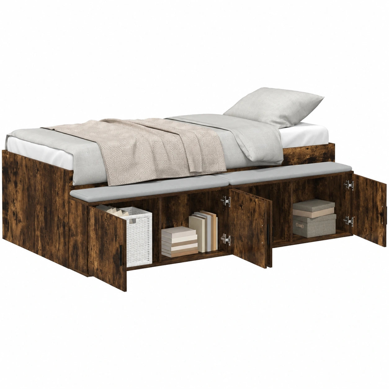 Letto singolo moderno in rovere affumicato con cassetti e rete a doghe 70x190 cm