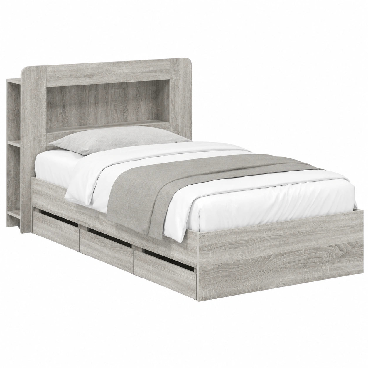 Letto singolo salvaspazio 80x200 cm con cassetti e testiera, struttura in legno grigio sonoma