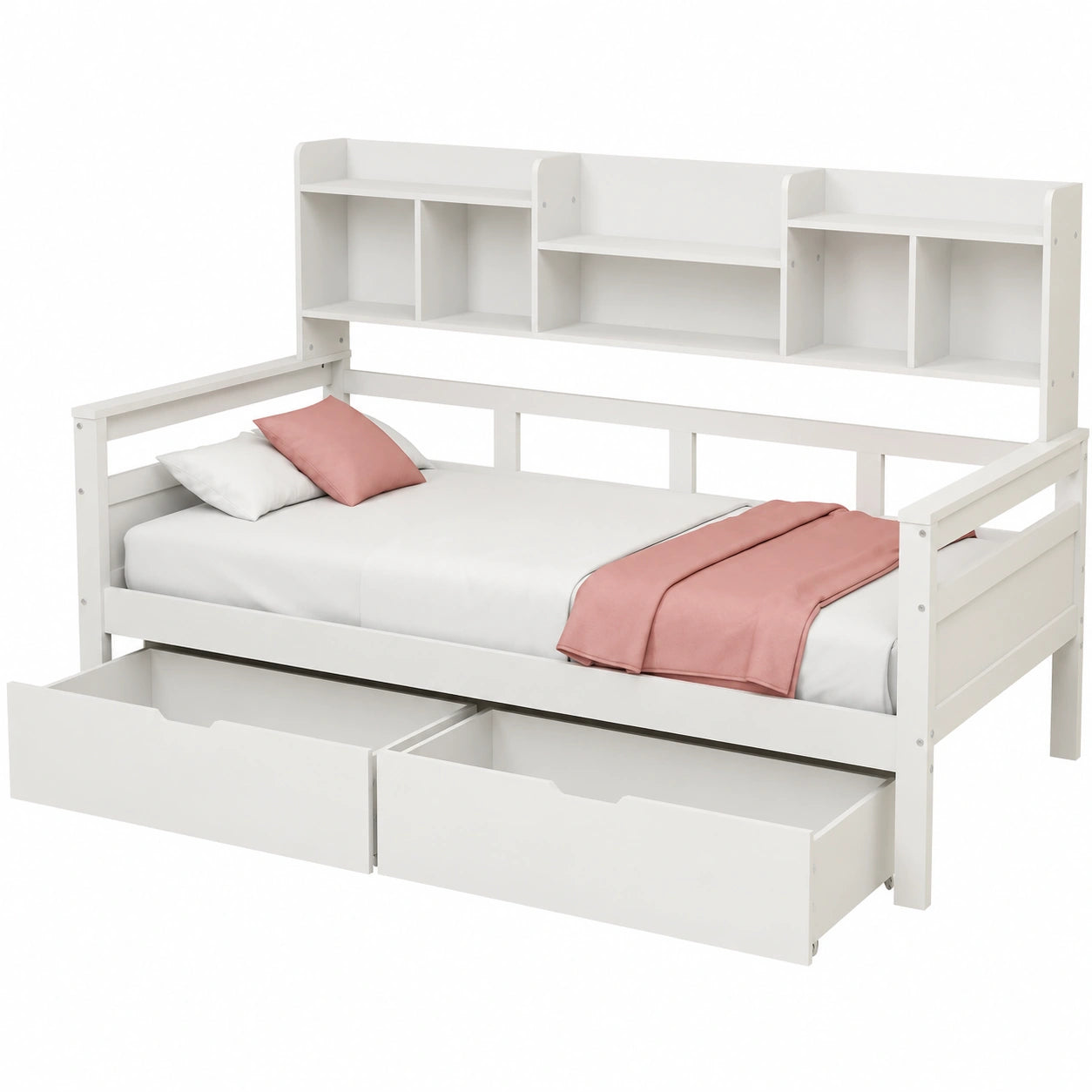Letto Singolo 90x200 cm con Cassetti e Ripiani, Rete a Doghe, Legno Massiccio, Struttura Divano Letto per Bambini, Bianco