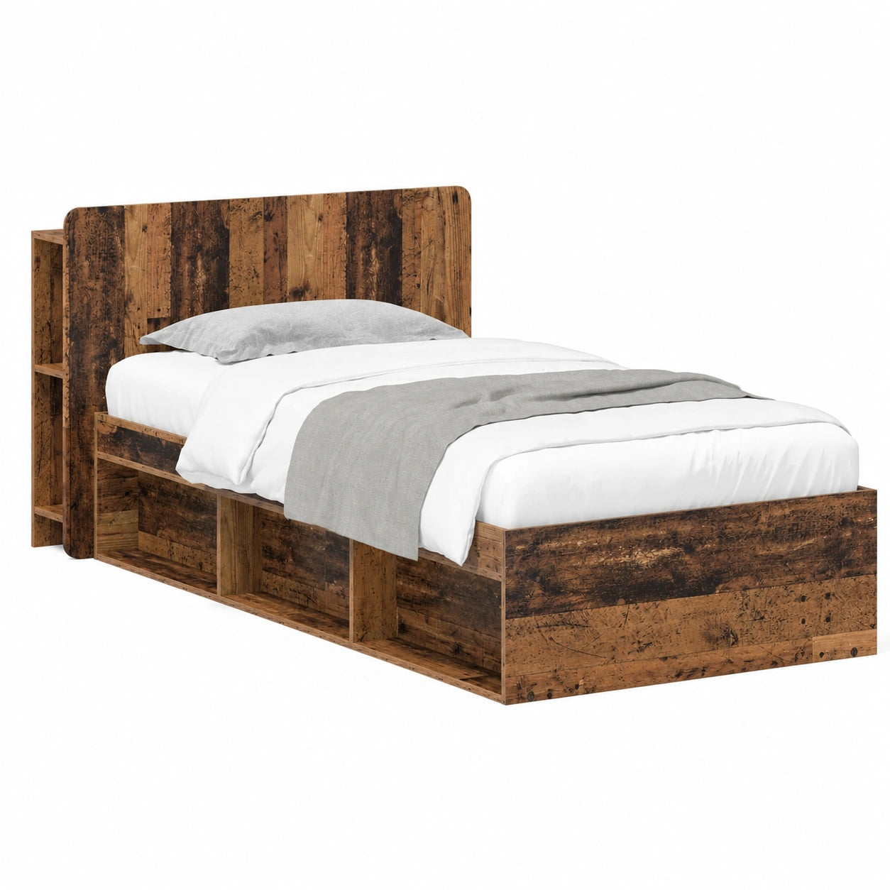 Letto Singolo in Legno Anticato con Cassetti e Testiera, 75 x 190 cm, Stile Moderno con Spazio di Archiviazione