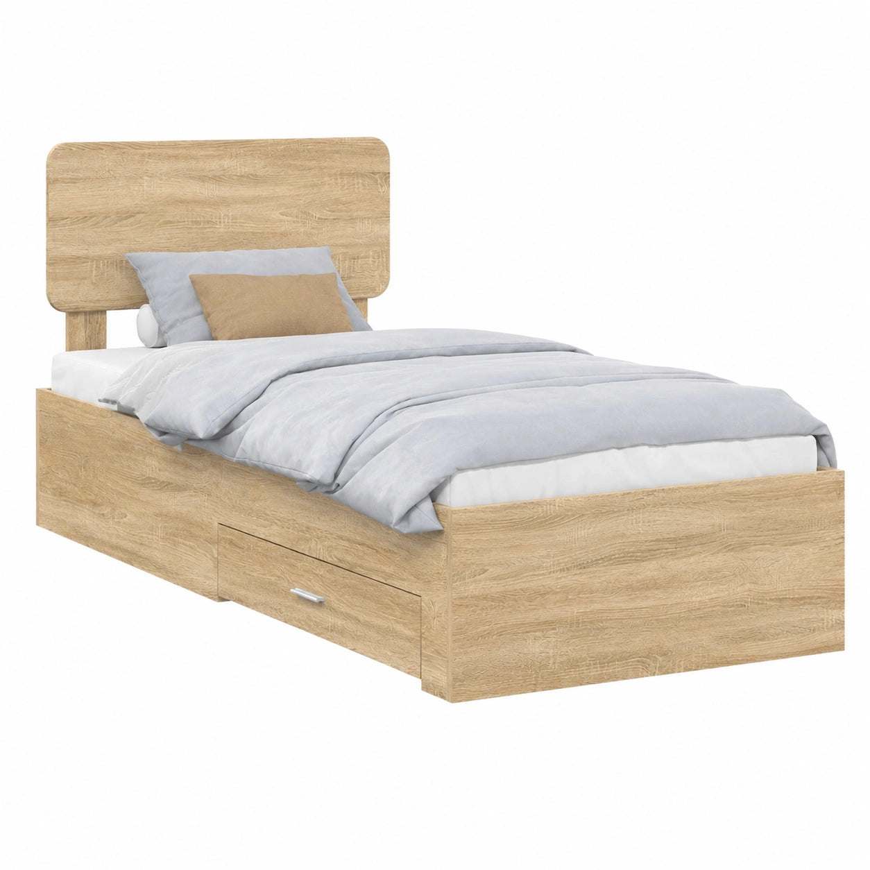 Letto singolo in legno multistrato con spazio contenitivo e testiera, Rovere Sonoma, 75x190 cm, design moderno con rete a doghe