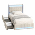 Letto singolo imbottito 90x200 cm con cassetti e ricarica USB-C - Luci LED integrate - Design in lino beige