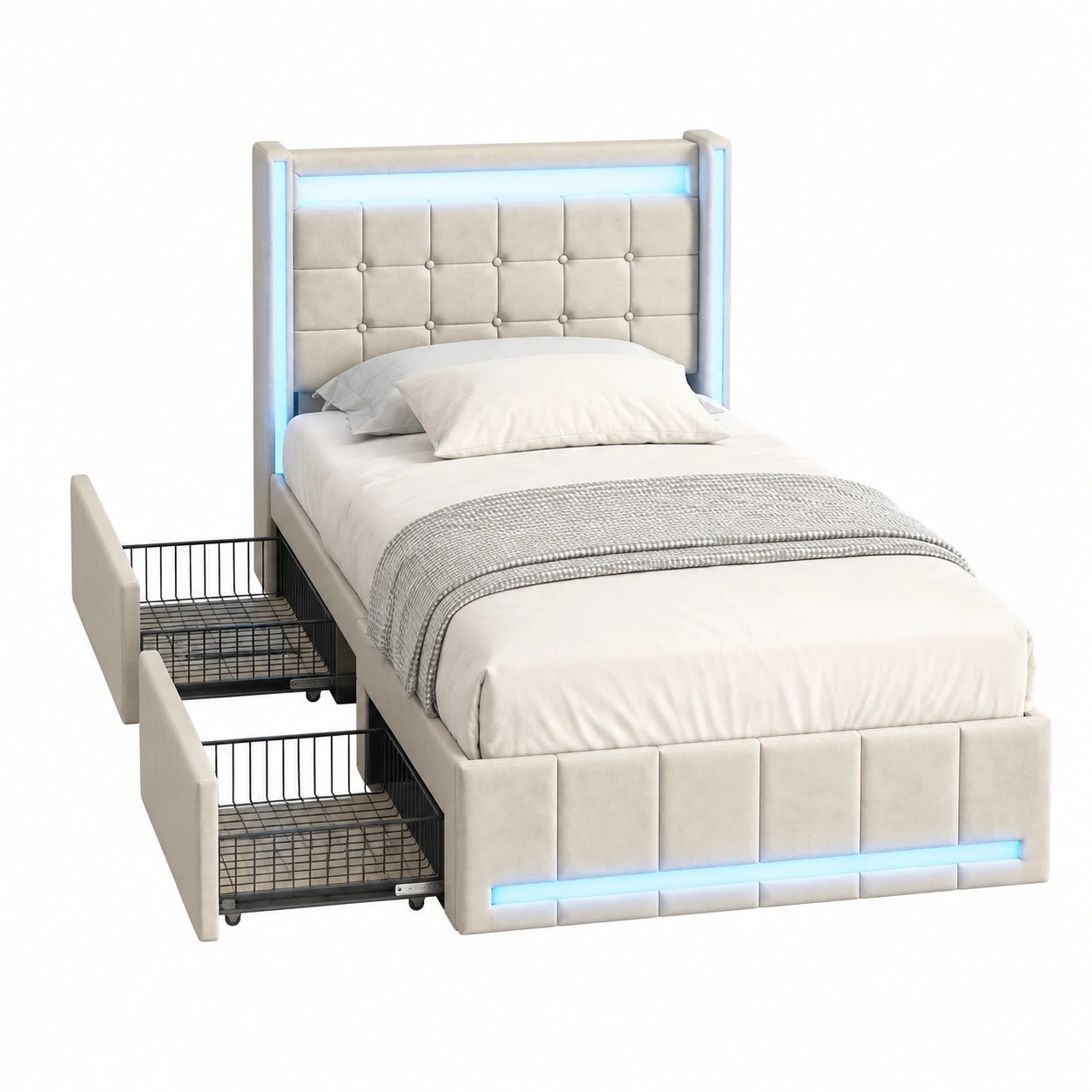 Letto singolo imbottito 90x200 cm con cassetti e ricarica USB-C - Luci LED integrate - Design in lino beige