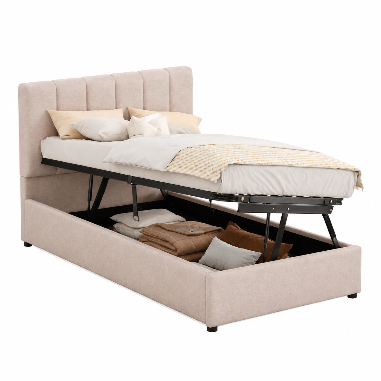 Letto singolo 90x200 cm con contenitore e testiera regolabile in lino beige