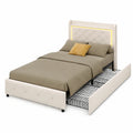 Letto Singolo in Velluto 90x200 cm con Contenitore, LED e USB, Cassetti e Testiera Imbottita, Struttura a Doghe, Beige