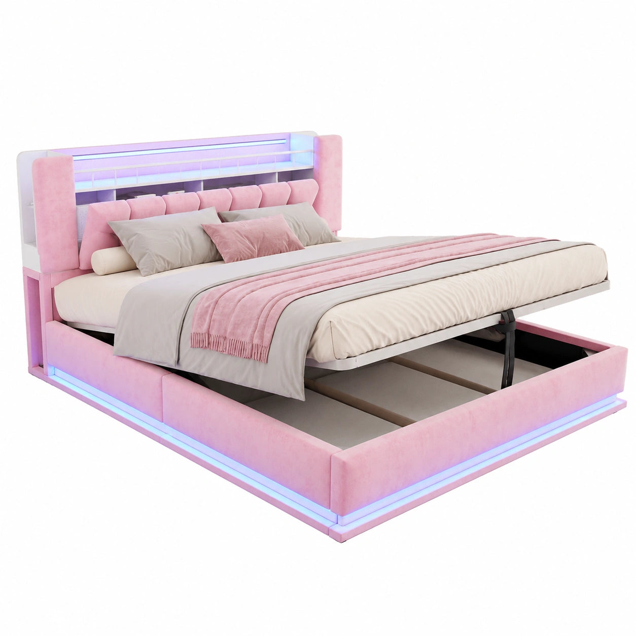 Letto matrimoniale 180x200 cm LED con USB e contenitore idraulico in velluto rosa