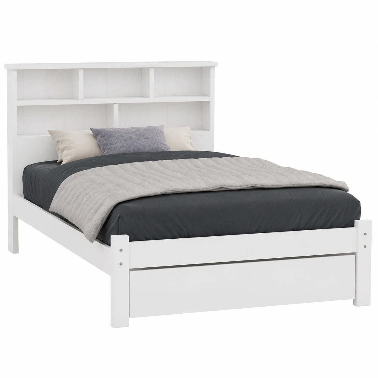Letto Singolo in Legno con Scaffale e Cassetti, Bianco 90x200 cm